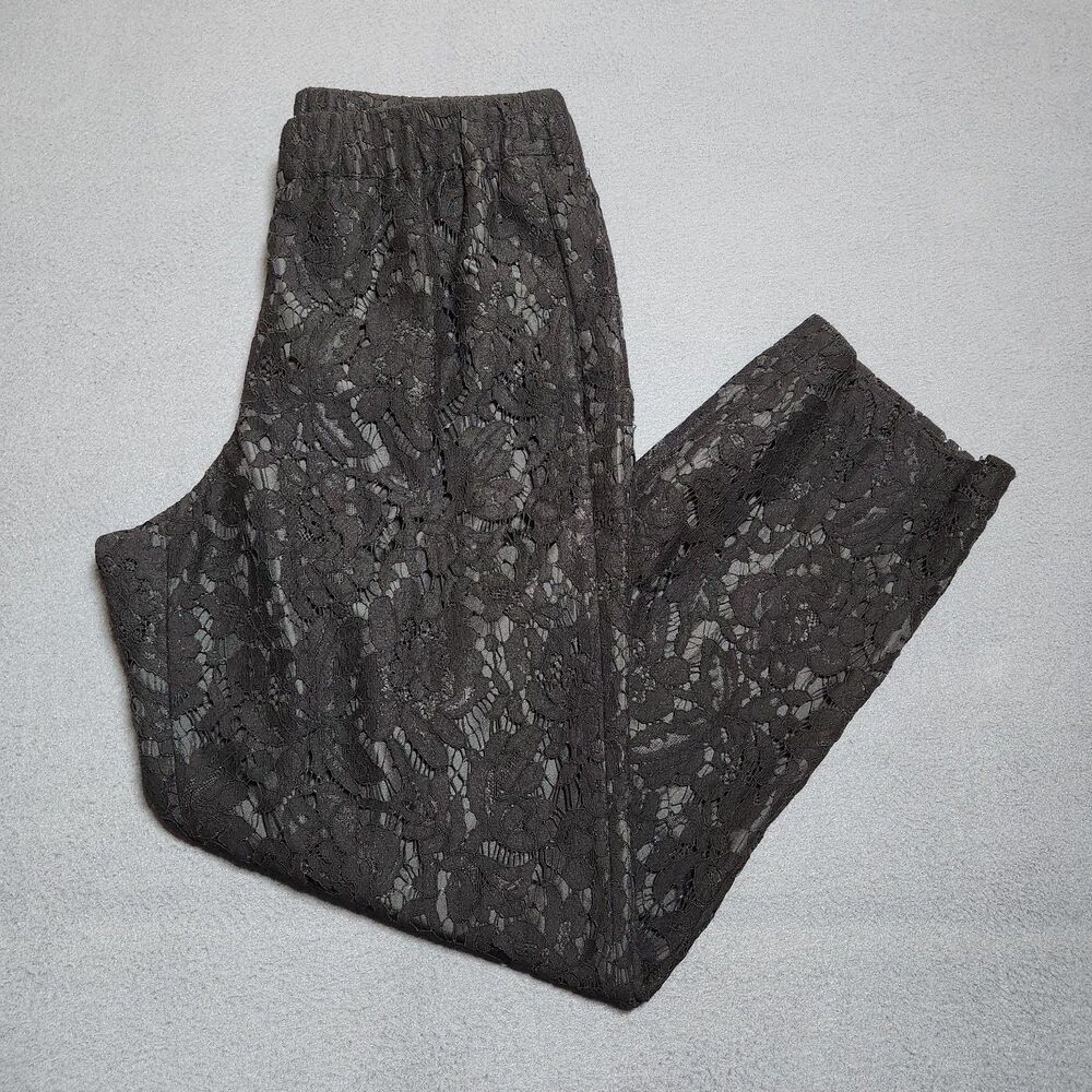 J. Crew Pants Women 4 Black Mid Rise Lined Floral Lace Straight Leg Pull On
